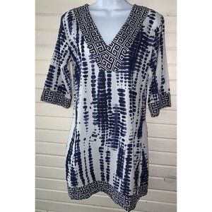 Cypress Sz SMALL Tunic Blue White Tie Dye 100% Cotton Artsy V-Neck EUC